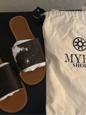 Myra Bag Black and White Cowhide Slide Sandals